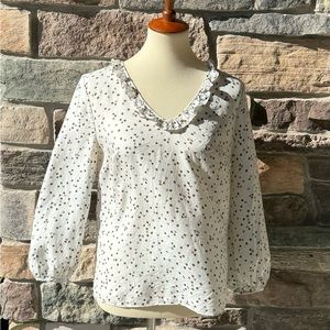 Boden Shirt Womens Size 10 White with Tan & Pink Spots Long Sleeve Ruffle Collar